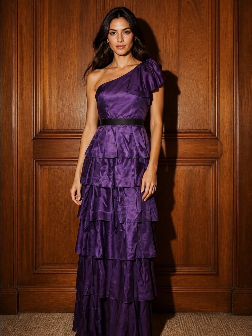 BCBGMaxAzria One-Shoulder Tiered Purple Gown with Black Waist Accent